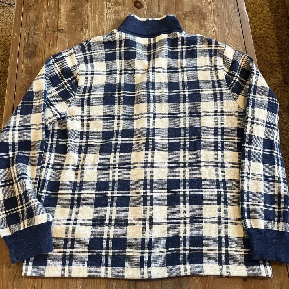 J. CREW Men's Large Cotton Knit Chore Jacket Sweater Navy Cream Plaid EUC